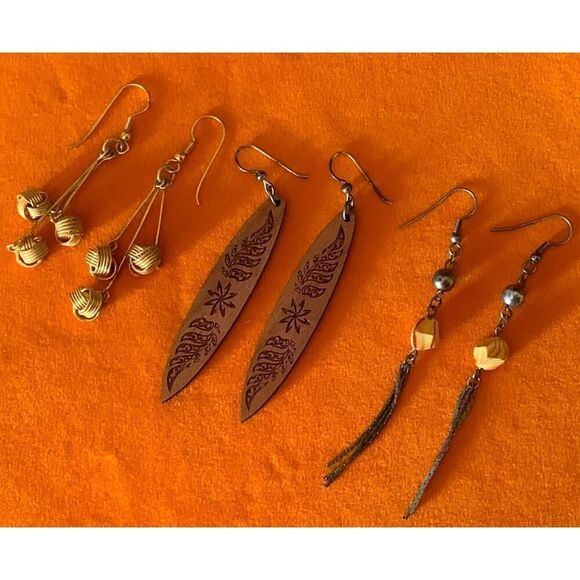 Vintage Wood and Metal Earrings, SET of 3, Unmarked - Picture 1 of 2
